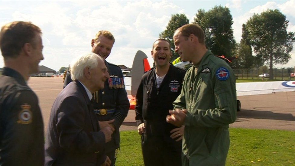 The Duke of Cambridge shares a joke with Battle of Britain veteran Ken Wilkinson