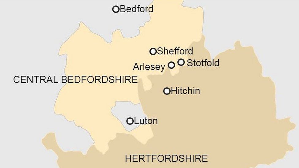 Map showing Arlesey, Shefford and Stotfold in Bedfordshire