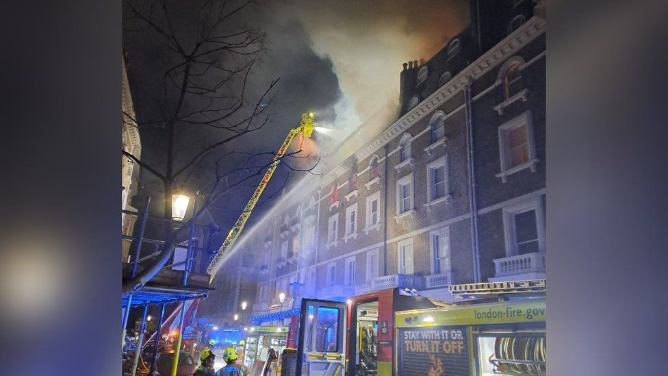 Firefighters battle blaze which is sweeping through building in South Kensington