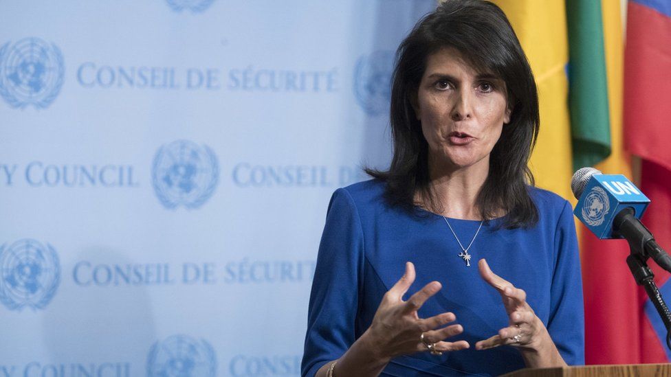 United States Ambassador to the United Nations Nikki Haley speaks to reporters after a Security Council meeting on the situation in the Middle East