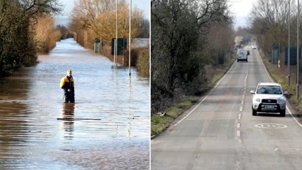 Picture on the left showing the road fully under water and picture on the right showing road normal