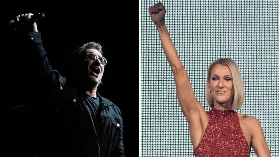 U2's Bono and Celine Dion in a composite image