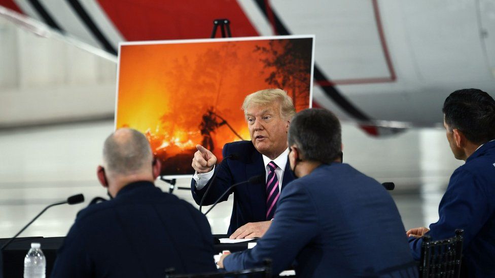 US President Trump speaks during a briefing on wildfires with local and federal fire and emergency officials in Sacramento