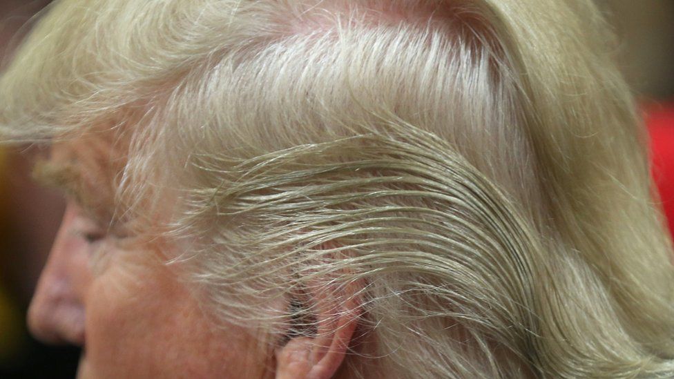 Detail of Republican presidential candidate Donald Trump's hair after a campaign rally in Council Bluffs, United States (31 January 2016)