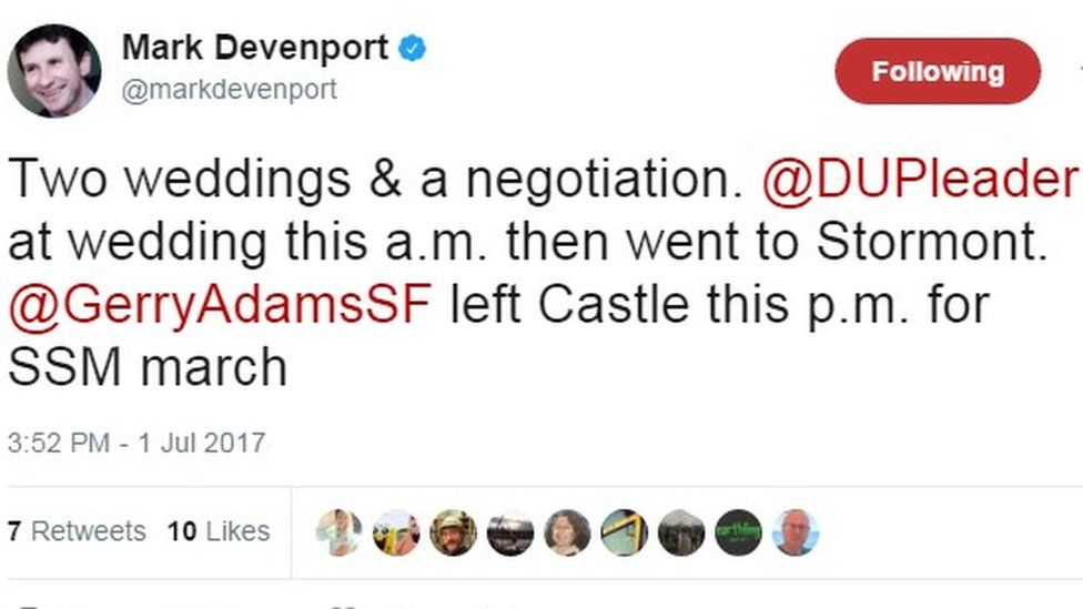 Mark Devenport tweets: Two weddings & a negotiation. @DUPleader at wedding this a.m. then went to Stormont. @GerryAdamsSF left Castle this p.m. for SSM march
