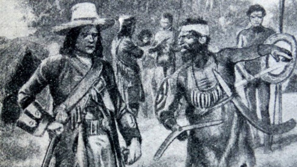 William Dampier aparece interactuando con un aborigen en una imagen histórica