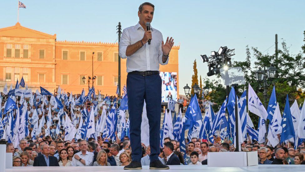 Kyriakos Mitsotakis, president of New Democracy party, speaks to supporters at the party's main campaign ahead of the second round of the Greek parliamentary elections in Athens, Greece on 23 June 2023