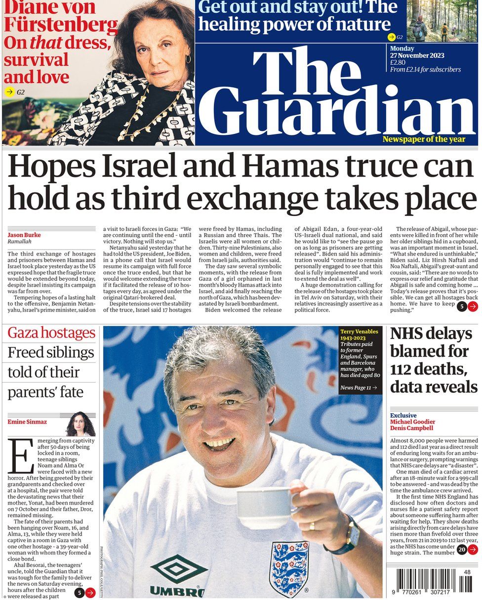 The main headline to the Guardian reads "Hopes Israel and Hamas truce can hold as third exchange takes place"