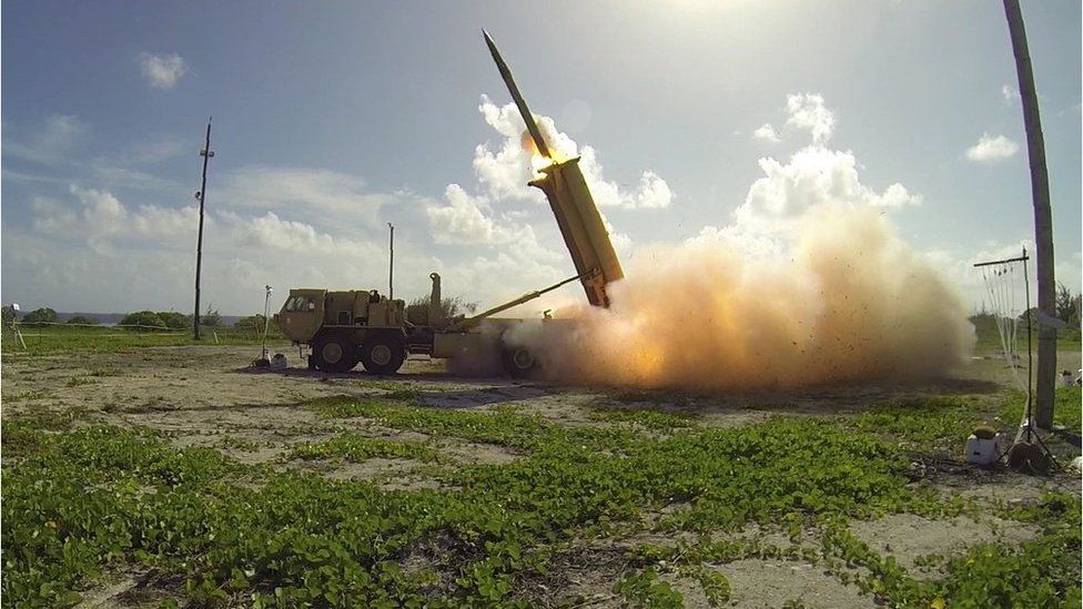 This handout photo taken on November 1, 2015 and received by the US Department of Defense/Missile Defense Agency shows a terminal High Altitude Area Defense (THAAD) interceptor being launched from a THAAD battery.