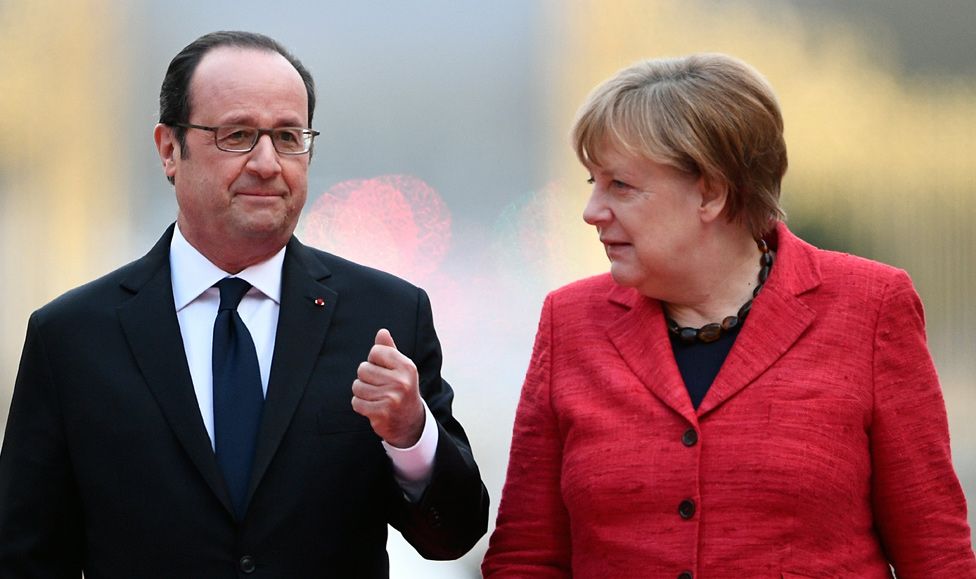 Francois Hollande and Angela Merkel in Versailles, 6 Mar 17