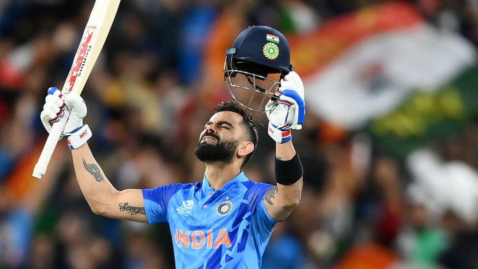 Virat Kohli of India celebrates winning the ICC Men's T20 World Cup match between India and Pakistan at Melbourne Cricket Ground on October 23, 2022 in Melbourne, Australia.
