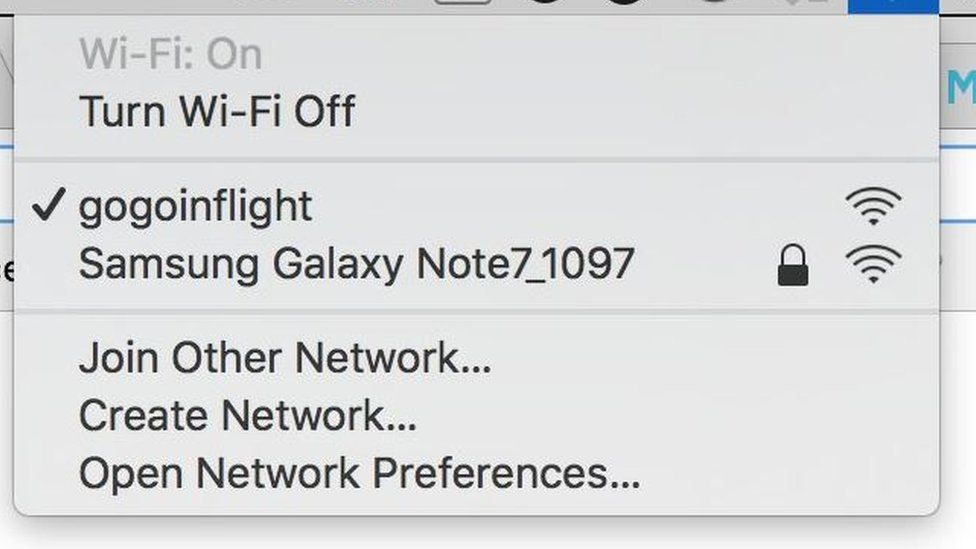 The Samsung Galaxy Note 7 wi-fi name that was noticed on an airplane