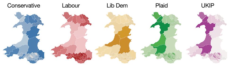 The parties' results across Wales with the darker the shade the higher the proportion of the vote