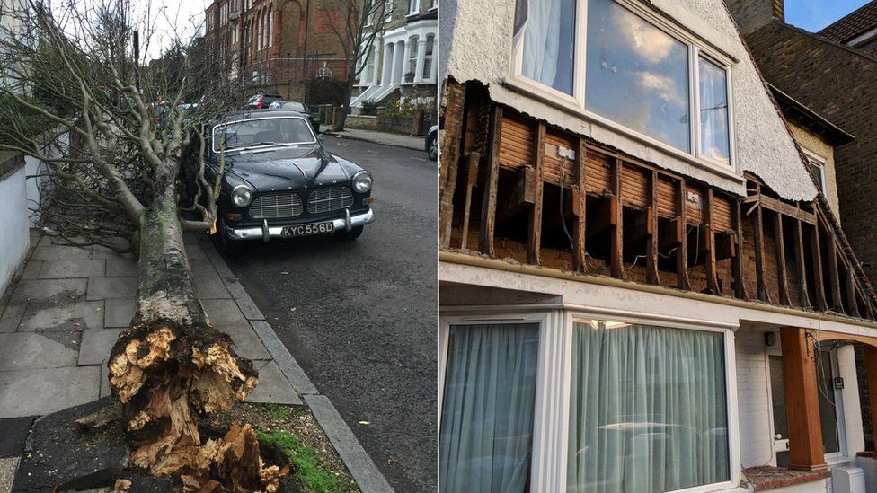 Vintage car in north London and house in Margate, after Storm Eleanor