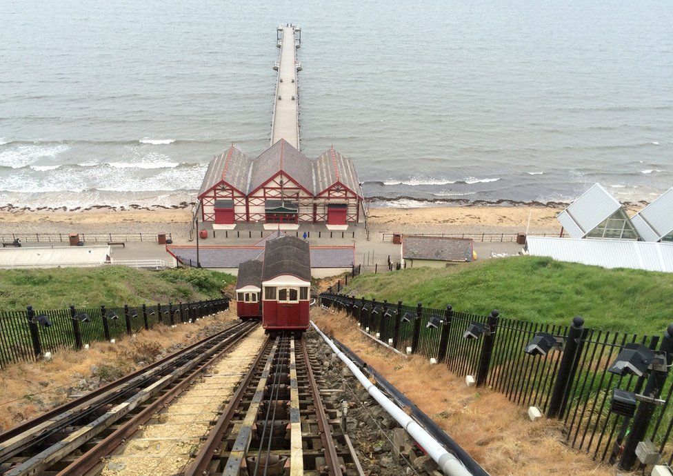 Saltburn's funicular railway with the sea and shore behind