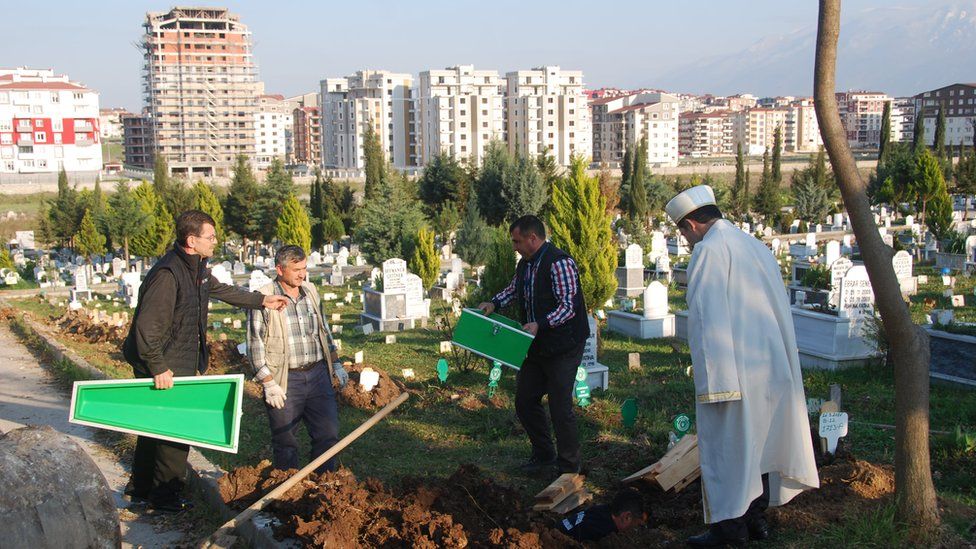 Imam Neshet Kaya and cemetery workers bury an unidentified refugee child