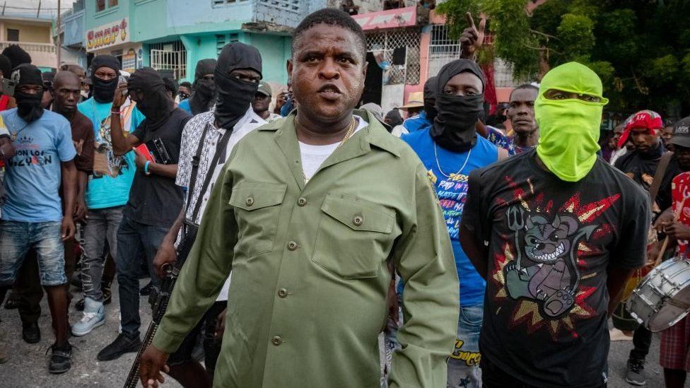 The head of the powerful Haitian armed gang G9 Jimmy Cherizier (C), alias Barbecue, led a demonstration attended by several hundred people calling for the removal of Prime Minister Ariel Henry from power in Port-au-Prince, Haiti, 19 September 2023.