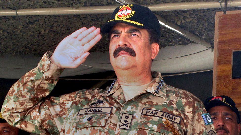 In this Wednesday, Nov. 16, 2016 photo, Pakistan army chief General. Raheel Sharif salutes during a military exercise in Khairpur Tamiwali, Pakistan