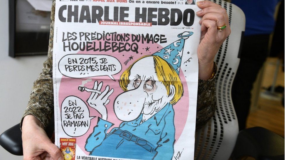 The cover of Charlie Hebdo magazine on 7 January 2015, with a cartoon of Michel Houellebecq