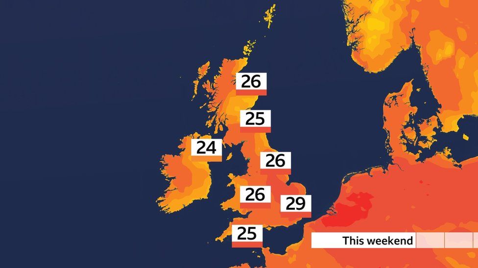 A weather map showing temperatures across the UK this weekend