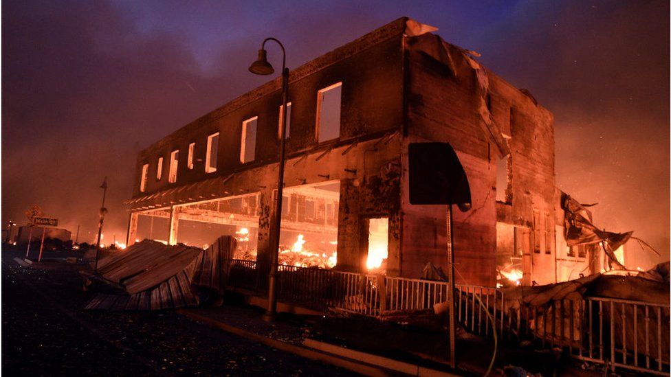 A burned building in California