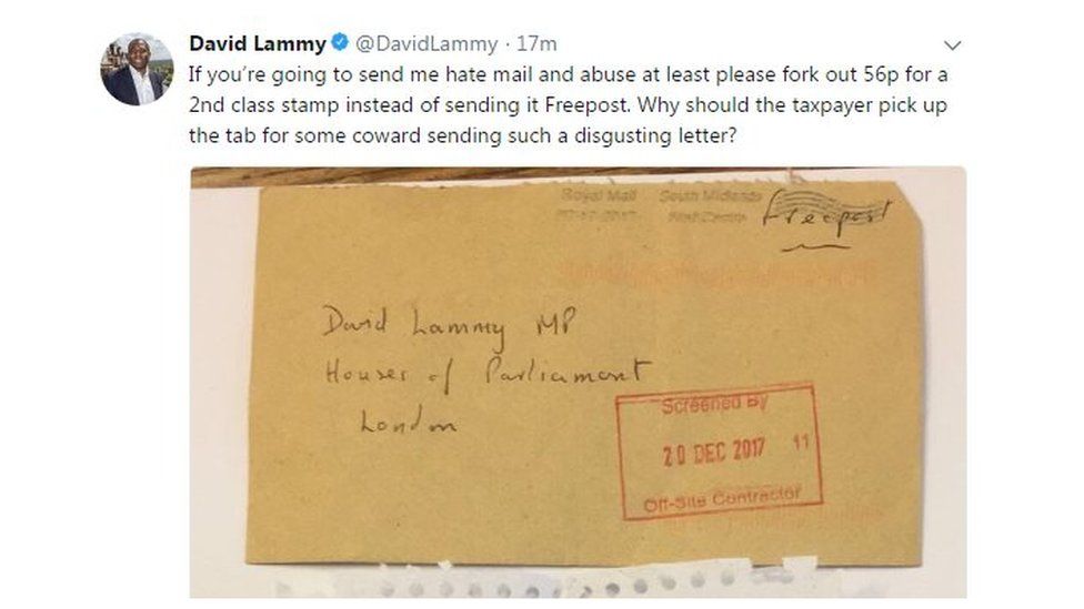 David Lammy tweet of hate mail