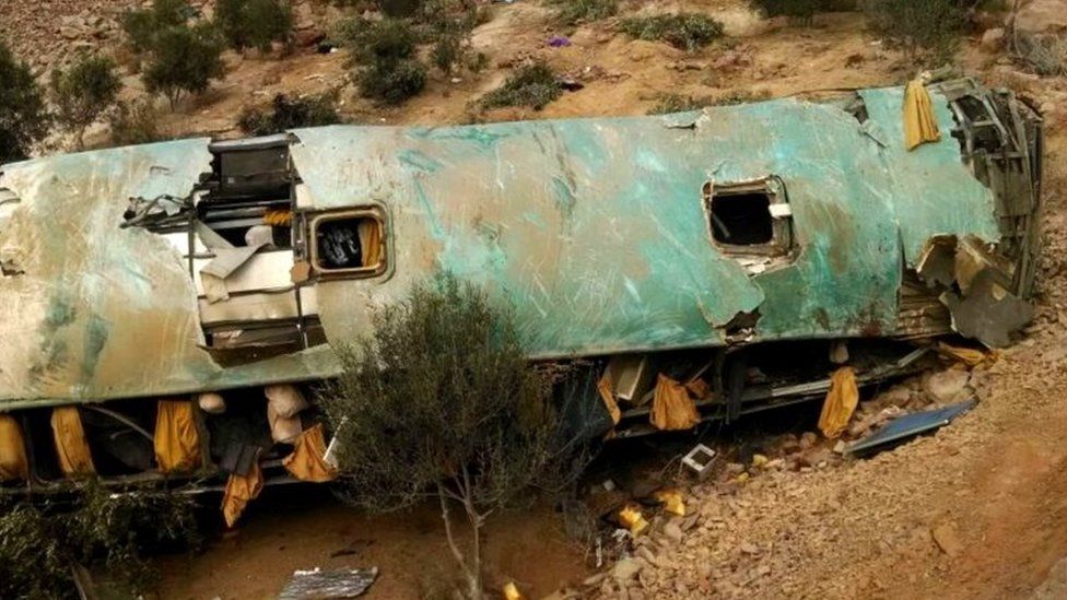 A handout photo made available by Andina shows the wreckage of a passenger bus that overturned and plunged into a ravine in the southern region of Arequipa, Peru, 21 February 2018.