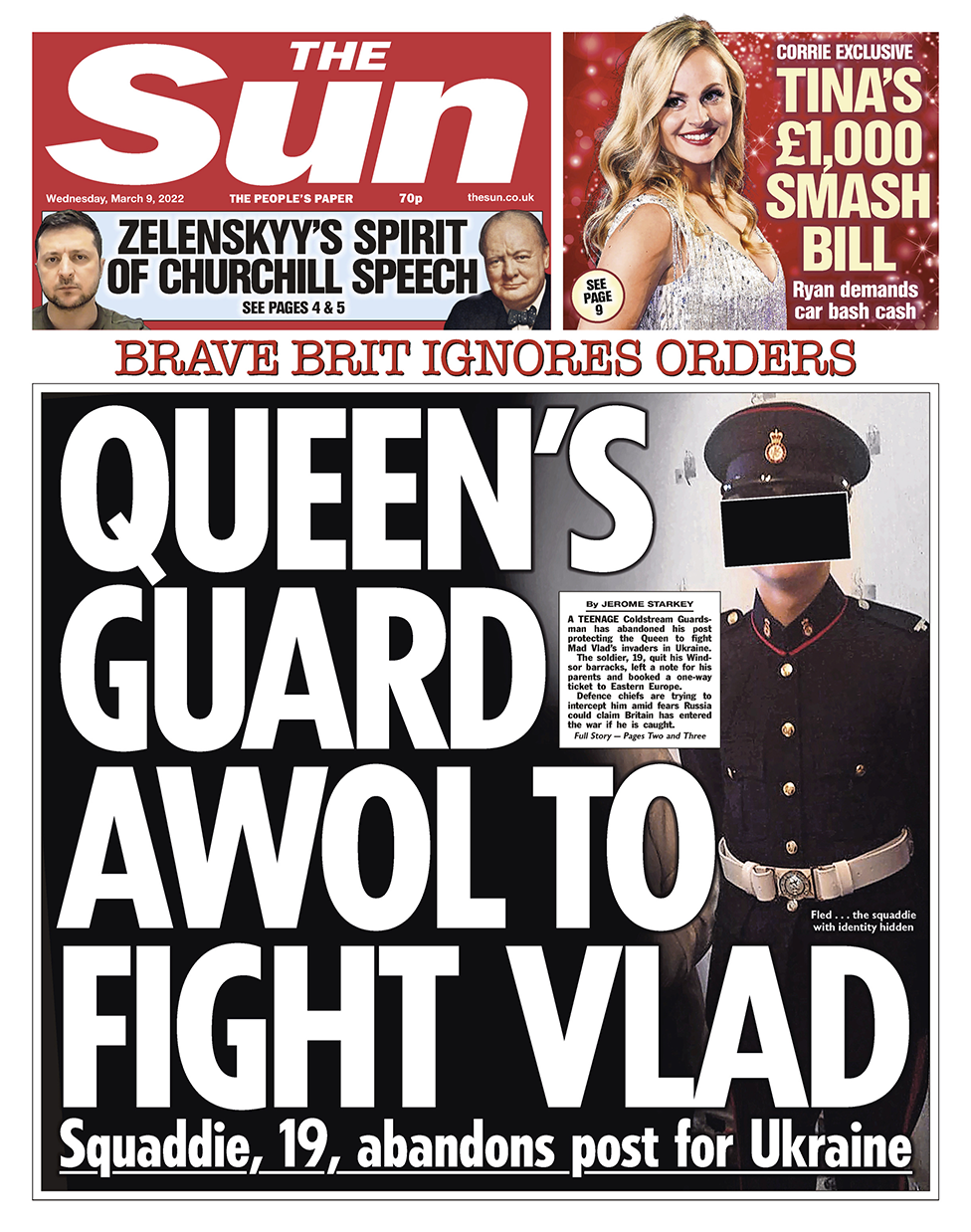 A member of the Queen's guard who has reportedly gone to join the fighting in Ukraine is shown with his face blanked out