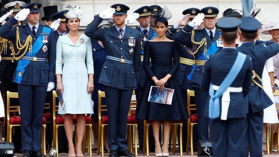 (Left to right) The Duke and Duchess of Cambridge, the Duke and Duchess of Sussex and the Duke of York before the flypast