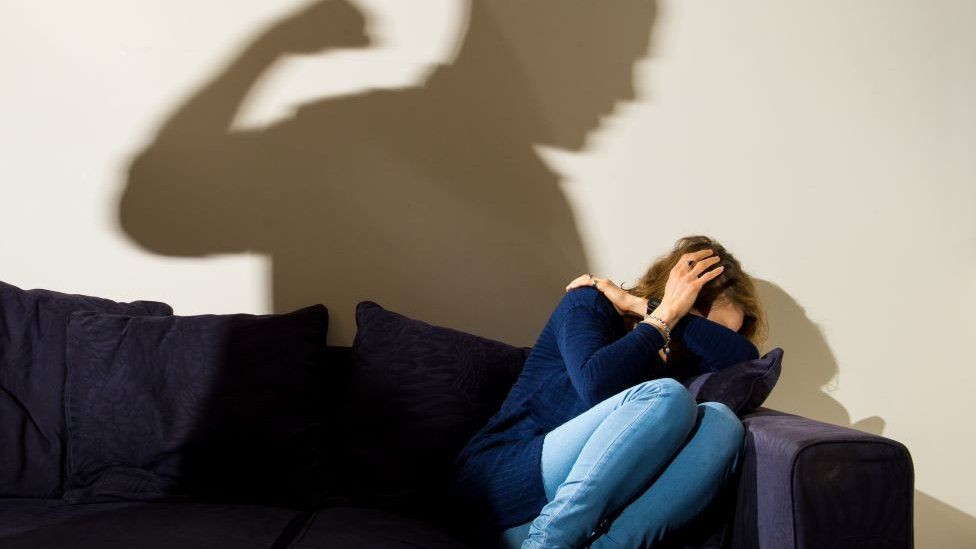 An image shows a shadow on a wall of a person making a fist. There is a woman sitting on a blue sofa cowering in a corner, covering her head with her hands.