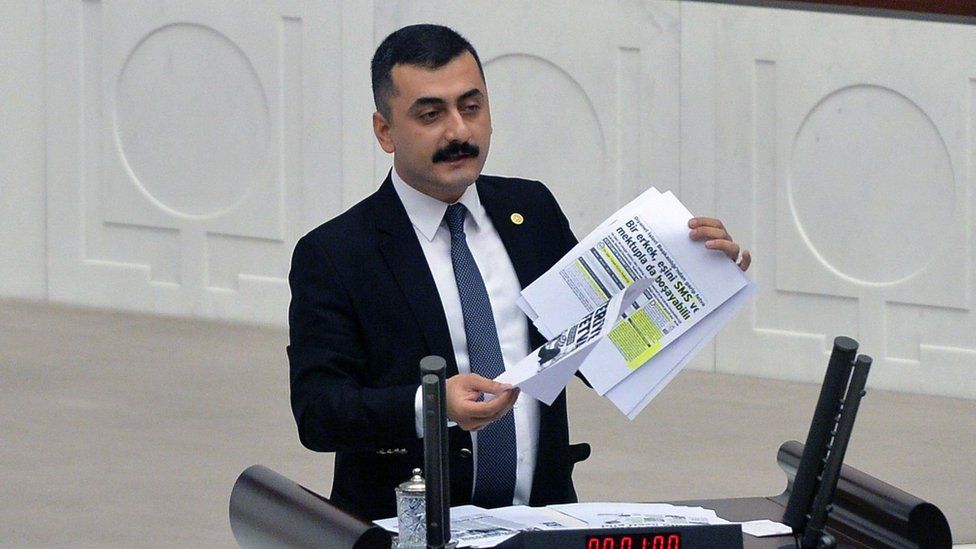A picture taken on January 12, 2017 shows former Republican Peoples Party (CHP) lawmaker Eren Erdem as he makes a speech at the Turkish parliament.