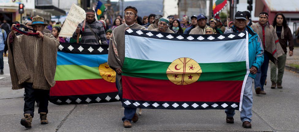 Members of indigenous Mapuche communities march to protest against the implementation of Anti Terrorist Law in Valdivia, Chile, on April 15, 2016.