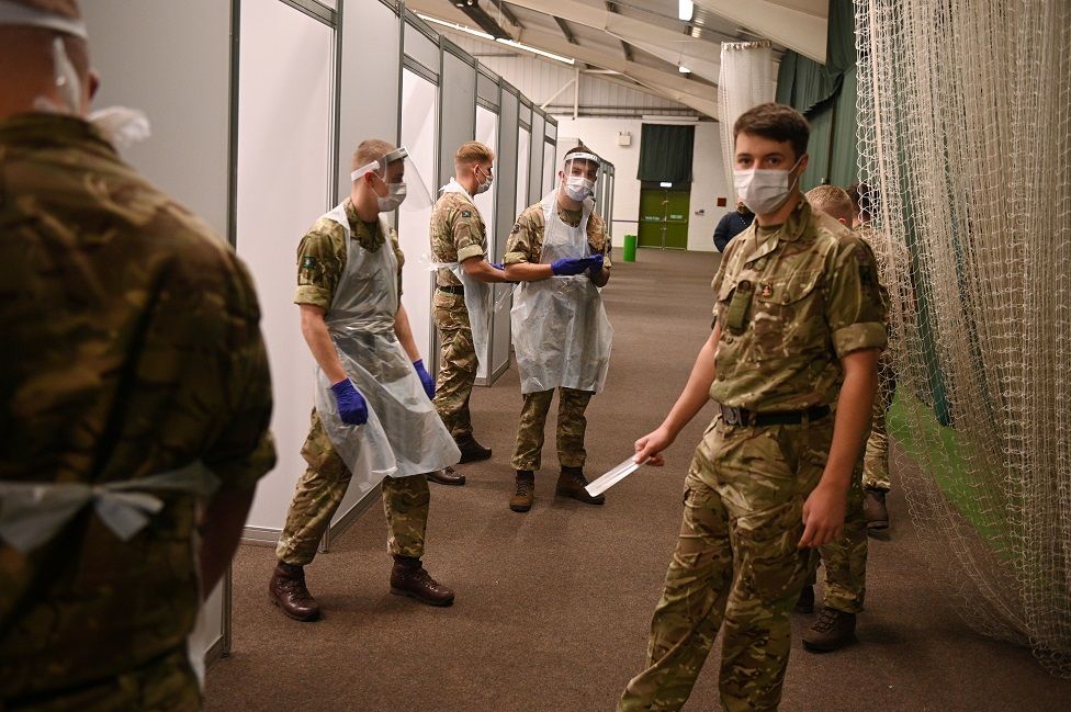 Soliders wear PPE in a testing centre