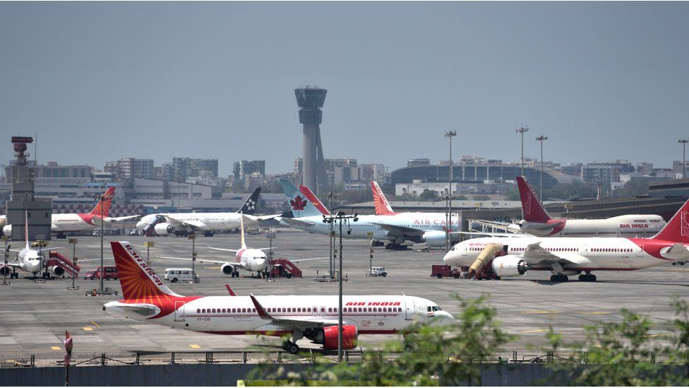 Planes are seen parked at Mumbai airport, Many flights has been cancelled during the outbreak of the new Coronavirus, COVID-19.
