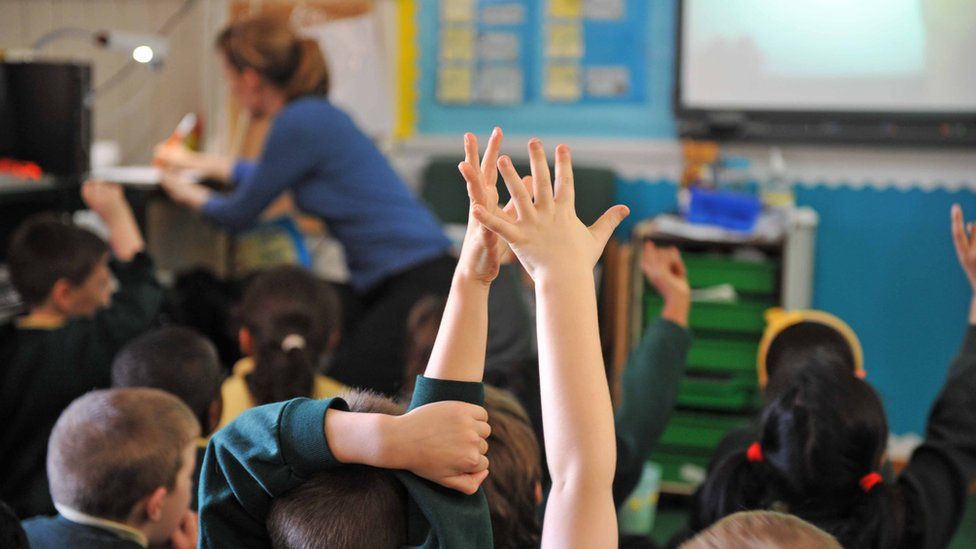 Дети поднимают руки в начальной школе
