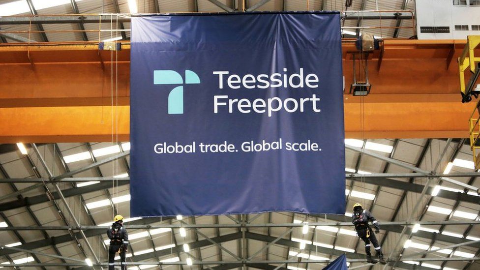 Teesside Freeport banners being hung up