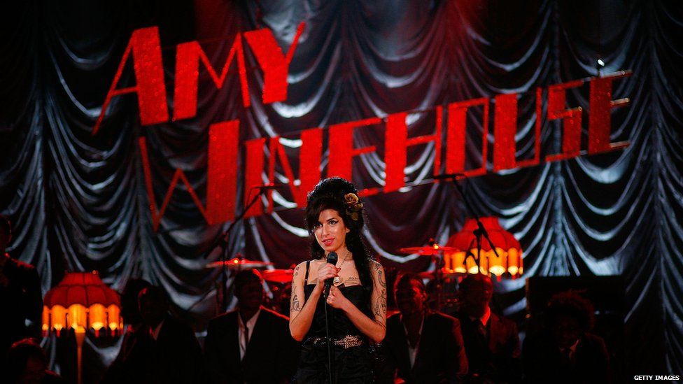 Amy Winehouse performs at the Riverside Studios for the 50th Grammy Awards ceremony.