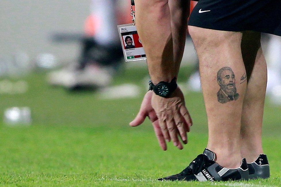 File picture of a tattoo of Cuba's former President Fidel Castro is seen on the leg of Diego Maradona