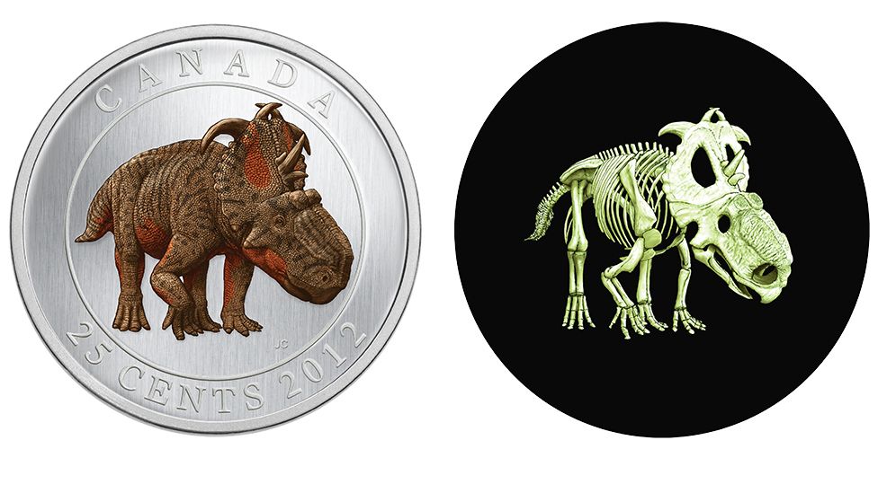 2012 glow-in-the-dark quarter features a coloured dinosaur with a glow-in-the-dark skelaton