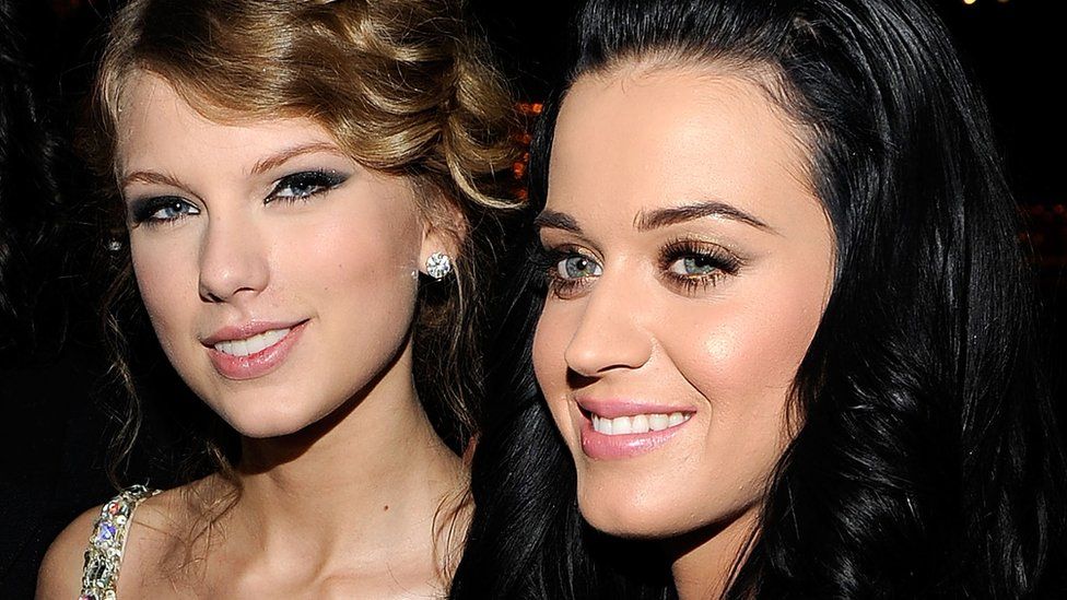 Singers Taylor Swift and Katy Perry at the 52nd annual Grammy Awards