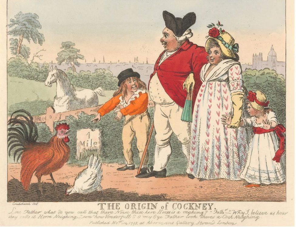Old cartoon showing a small boy pointing to a crowing cockerel as his family passes a sign saying: "One mile from London"