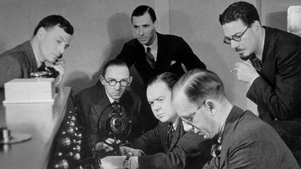 Broadcasting Christmas radio at the BBC, circa 1932. '