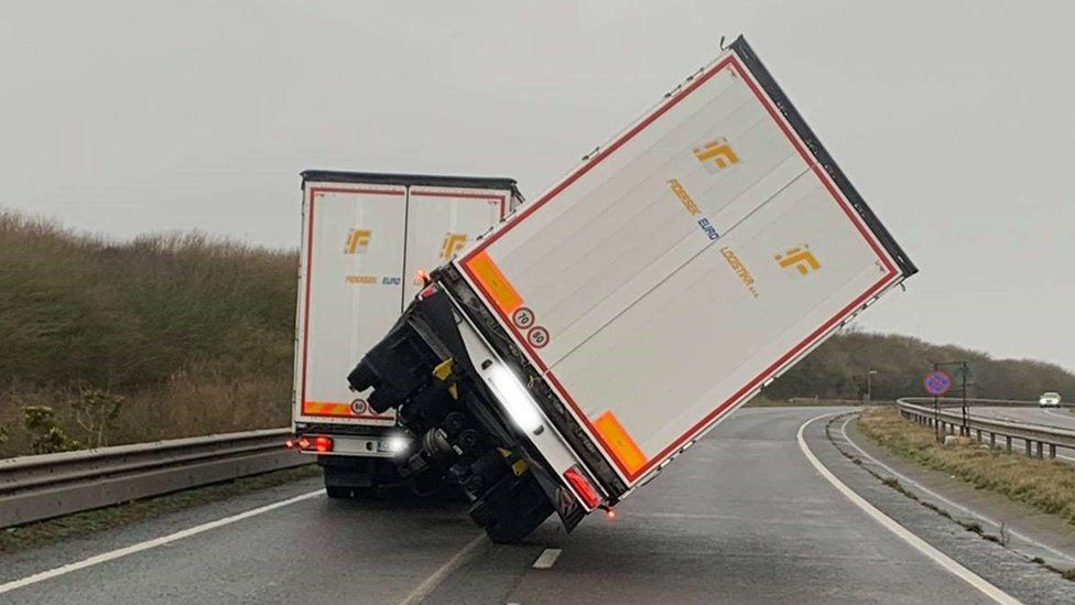 Lorry caught in high winds
