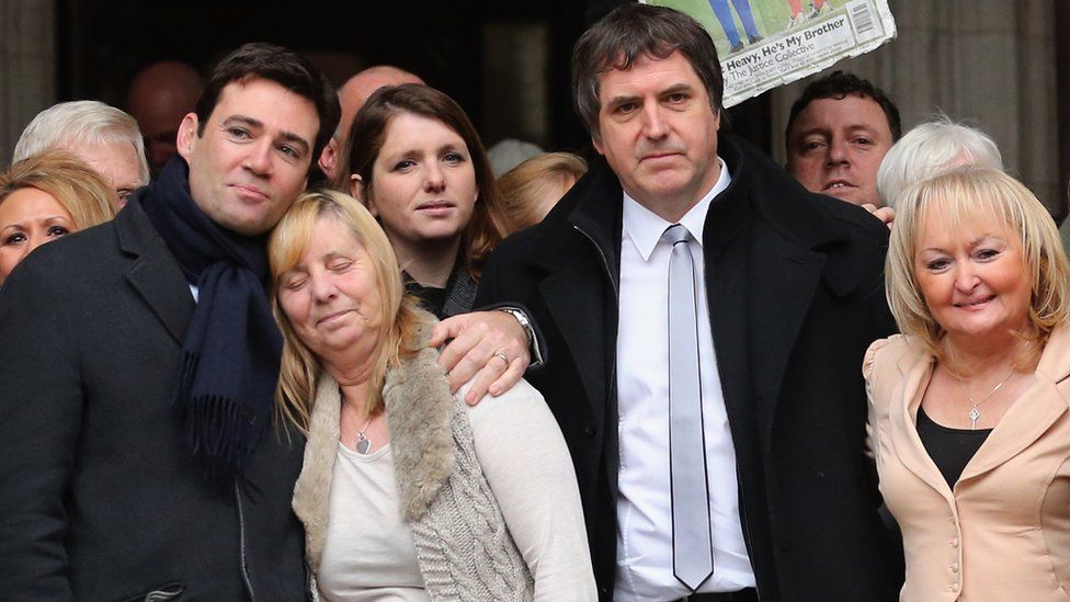 Andy Burnham and Steve Rotheram with Hillsborough families