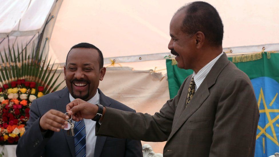 Eritrean President Isaias Afewerki and Ethiopian Prime Minister Abiy Ahmed attend the inauguration ceremony of Embassy of Eritrea in Addis Ababa, Ethiopia on July 16, 2018.