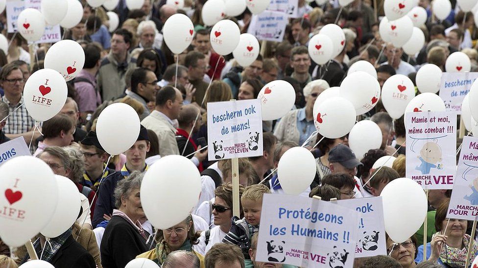 People take part in the March4Life (Marche pour la Vie - Mars voor het Leven) demonstration, on March 30, 2014, in Brussels.