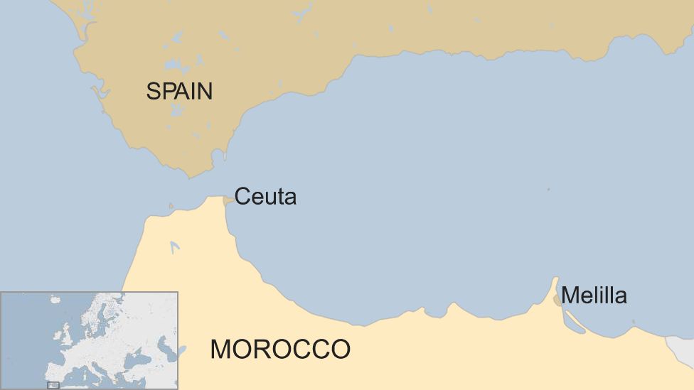 A BBC map showing the locations of Ceuta and Melilla, relative to Spain and Morocco
