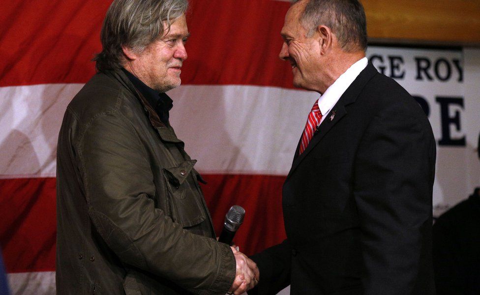 Republican candidate for U.S. Senate Judge Roy Moore and former White House Chief Strategist Steve Bannon - 5 December 2017