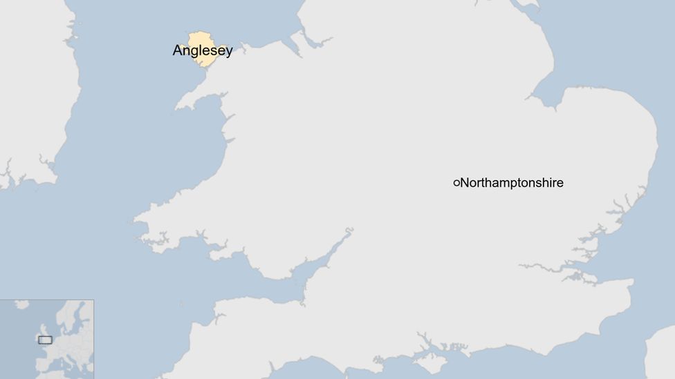 Map showing Anglesey and Northamptonshire