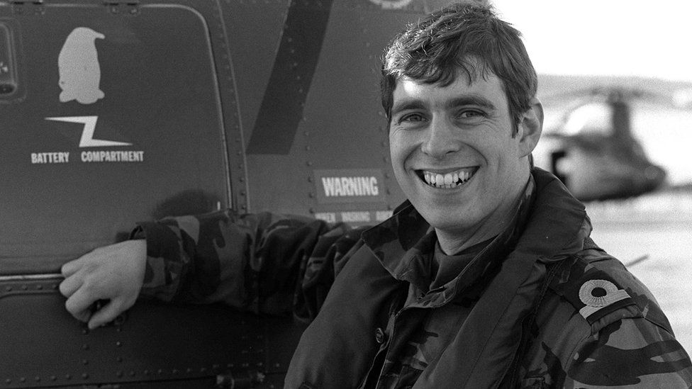 Prince Andrew at Port Stanley in his capacity as a helicopter pilot with HMS Invincible.
